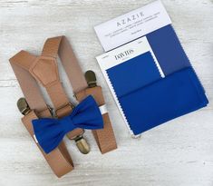 Your special guy will look so handsome when he shows up in his Royal Blue bow tie ,  leather light brown suspenders and pocket square ! Great set for groomsman, best man or ring bearers - This bow tie & suspenders set is a great choice for family photos, wedding, ring bearer outfit, birthday celebration or any other special occasion.  Please  contact us about FREE COLOR SAMPLES ! PS !You can mix and match different  bow ties and suspenders from our store .  You can also write the note if you nee Brown Braces, Royal Blue Bow Tie, Ring Bearer Boy, Ring Bearer Gift, Brown Suspenders, Colors 2023, Ring Bearer Gifts, Groomsmen Wedding, Bowtie And Suspenders