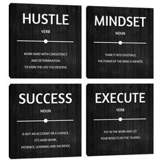 four black and white business cards with words on them