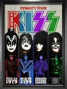 the kiss band poster is displayed in front of a wall with an image of their faces