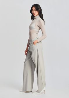 Baggy-hemmed trouser pant featuring a belted loop waist and pleated details. Shown here in Silver. 57% Polyester, 29% Rayon, 10% Wool, 4% Spandex Made in China Model is 5'10" wearing size S Style No. 3305-14 Australia Clothes, Shoe Chart, Shoe Size Conversion, Grey Pants, Denim Pant, Trouser Pants, Trousers Women, Women Brands, Style Icons