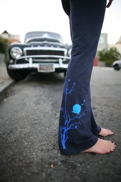 Super soft and comfortable, these form fitting pants work way beyond your next yoga class, you may never want to take them off! Versatile waist band can be worn as a high rise or low rise. Ring spun combed cotton for a super stretch and comfy fit for yoga or just stylish grocery shopping. Made in America and sweatshop free, printed with 100% water based ink for minimal environmental impact. **If you find the following inseams a bit too long for you fret not, I can hem them shorter to your desire Yoga Tights, Tanks Tops, Blue Pictures, Yoga Pant, Soft Leggings, Song Bird, Cozy Sweatshirts, Yoga Studio, Comfy Fits