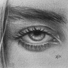 a pencil drawing of a woman's eye with stars on the outside of it