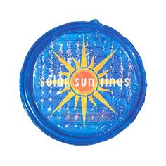 a blue frisbee with the word sun king on it's side and an orange star in the center