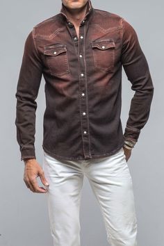 Axels Premium Denim Roper Western Snap Shirt In Ruggine Rust | Axel's of Vail Western Inspiration, Kimono Outerwear, Outfit Choices, Felt Cowboy Hats, Cap Fashion, Create Shirts, Trucker Jacket, Dress And Heels, Premium Denim