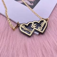 Material: Copper. Color: Gold. Process: Gold plated.  Chain Length: 14",16",18",20",22".  Recipient: Women, Mom, Wife, Girl Friend, Children.  Product Type: Personalized Jewelry.  Gift Type: Necklace.  Occasions: Valentine's Day, Mother's Day, Christmas, Birthday, etc.  Necklace Type: Necklace.  Brand: Silviax Jewelry. Customized Gold Double Heart Necklace, Black Nameplate Jewelry For Gift, Personalized Black Jewelry For Anniversary, Personalized Black Necklaces For Anniversary, Personalized Black Jewelry With Name, Personalized Black Name Jewelry, Gold Double Heart Name Necklace For Personalized Gift, Gold Double Heart Name Necklace As Personalized Gift, Gold Double Heart Name Necklace For Mother's Day