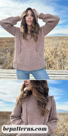 two photos of a woman in a sweater and jeans posing for the camera, with her hands on her head