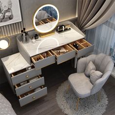 a bedroom with a vanity, chair and mirror