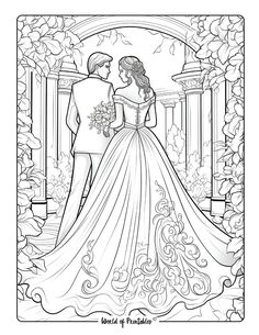 an adult coloring book with a man and woman in wedding dresses looking at each other