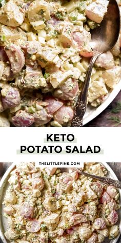 keto potato salad in a white bowl with a serving spoon on the side and another photo of it