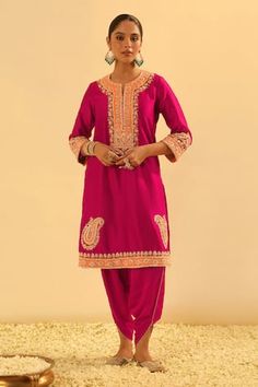 Pink kurta with Kashmiri tilla gota and kundan embroidery. Paired with a dhoti pant. - Aza Fashions Pink Kurta With Gota Work And Traditional Drape, Unstitched Tilla Sets For Diwali, Traditional Drape Kurta With Tilla For Eid, Bollywood Style Festive Kurta With Tilla Embroidery, Festive Bollywood Kurta With Tilla Embroidery, Bollywood Style Kurta With Tilla For Navratri, Festive Bollywood Kurta With Tilla, Traditional Tilla Kurta For Diwali, Women Dhoti Kurta Set