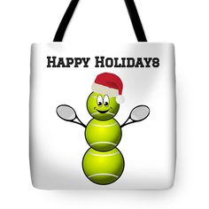 a happy holiday tote bag with a tennis ball and racquet on it