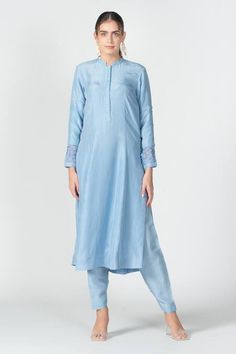 Buy Blue Habutai Silk Mandarin Collar Embroidered Kurta Set For Women by Sitaraa Online at Aza Fashions. Silk Kurta With Embroidered Neckline And Long Sleeves, Eid Cotton Silk Kurta With Embroidered Neckline, Festive Cotton Silk Kurta With Embroidered Neckline, Festive Kurta With Embroidered Neckline In Cotton Silk, Blue Formal Traditional Wear With Floral Embroidery, Formal Blue Traditional Wear With Floral Embroidery, Elegant Salwar Kameez With Embroidered Border For Spring, Elegant Embroidered Salwar Kameez, Unstitched Straight Kurta With Embroidered Neckline