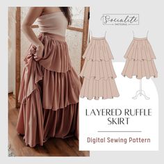 the layered ruffle skirt sewing pattern is available in sizes ranging from small to large