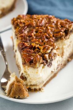 a piece of pecan cheesecake on a plate with a fork