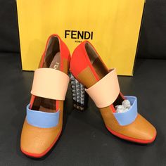 Brand New Excellent Condition Very Pretty And Super Cute Come With Original Box And Dust Bag Size 38 But It Fits Size 7, So I Listed As Size 7 Designer Orange Pointed Toe Heels, Designer Orange Heels With Pointed Toe, Multicolor Leather Heels For Formal Occasions, Designer Orange Heels For Formal Occasions, Fendi Heels, Pink Kitten Heels, Black Patent Leather Pumps, Women Heels, Slip On Pumps