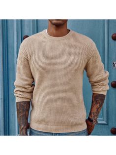 Men Sweaters, Mens Crewneck Thick Pullover Sweater Waffle Textured Long Sleeve Knitted Sweaters Mens Crewneck, Long Sleeve Knit Sweaters, Mens Crew Neck, Long Sleeve Knit, Pullover Sweater, Pullover Sweaters, Waffles, Knitted Sweaters, Men Sweater