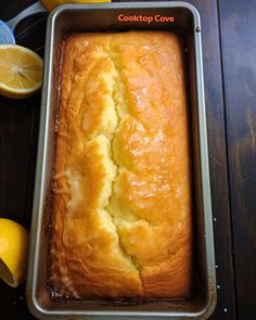 a loaf of lemon pound cake in a pan