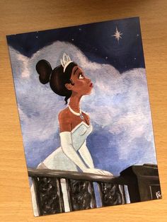 a painting of a woman wearing a tiara on top of a balcony with a night sky in the background