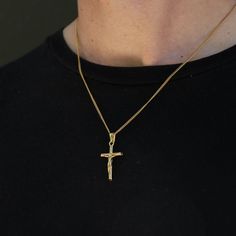 The strong symbol of sacrifice has long inspired the world's fashion elite, earning a place in every style lover's collection as a must-have piece. Wearing a crucifix is significantly more than a fashion statement. Wearing our Crucifix Pendant signals to the world that you are a leader. You have no fear. You're a person of honour. -18k Crucifix Necklace -Crucifix pendant 30mm x 20mm | 53cm Length -Reinforced Lobster Clasp -Water, sweat and heat resistant -Premium 316L Stainless & Rhodium Base -N Gold Plated Crucifix Necklace Tarnish Resistant, Gold Plated Tarnish Resistant Crucifix Necklace, Gold-plated Tarnish-resistant Crucifix Necklace, 14k Gold Crucifix Jewelry For Spiritual Expression, Spiritual 14k Gold Crucifix Necklace, Spiritual Hallmarked Crucifix Necklace, Yellow Gold Crucifix Necklace Spiritual, 14k Gold Crucifix Spiritual Jewelry, Yellow Gold Plated Crucifix Jewelry