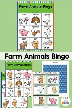 farm animals bingo game with the words farm animals on it and an image of a pig,