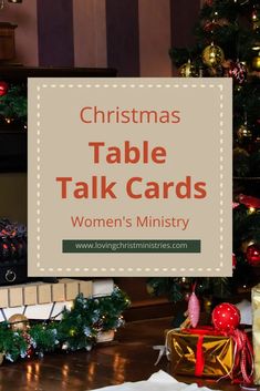 christmas table talk cards for women's ministryty with presents on the floor and trees in the background