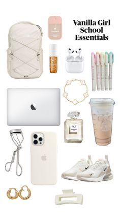 🤍 Vanilla School Supplies, School Bookbags Aesthetic, Vanilla Girl Backpack, Vanilla Girl School Supplies, Aesthetic Bags For School, Cute Bookbags, Whats In My Backpack, College Backpack Essentials, School Supplies Aesthetic