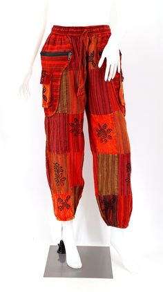 Cotton Handmade Patchwork Trousers – Himalaya Handmade Embroidered Bohemian Ankle-length Pants, Red Cotton Hippie Pants, Bohemian Embroidered Ankle-length Pants, Hippie Red Cotton Pants, Bohemian Cargo Pants With Pockets For Festival, Bohemian Cargo Pants For Festivals, Bohemian Ankle-length Embroidered Pants, Bohemian Cotton Cargo Pants For Festivals, Traditional Spring Pants With Pockets