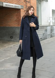 "★★ FEATURES 50% wool, 50% other fiber, nylon Polyester lining Single breasted Two pockets Long sleeve Fit and flare coat Perfect for autumn, winter Dry clean ★★ The model's height approx 170cm (5′ 7″) with the 84cm (33\") bust, 66cm (26\") waist. She is wearing the navy blue wool coat in size XS. ★★ Please select custom order according to the follow situation Request the length Request Chang the sleeve length Your height is not between 155cm- 175cm Your weight is not between 47kg -77kg ★★ Get y Fitted Winter Coat, Luxury Navy Single-breasted Pea Coat, Navy Wool Coat Nordstrom, Navy Blue Long Coat Outfit, Dark Blue Coat Outfits For Women, Navy Coat Outfits For Women, Blue Long Coat Outfit, Navy Blue Wool Coat, Navy Blue Coat Outfits For Women