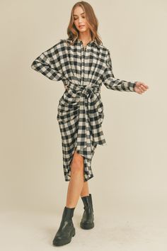 -Color: Plaid Black -Plaid flannel -Button down -Midi length -Front tie detailing -Self tie -Content: 50% Cotton 50% Polyester -No stretch -We recommend to size up if in between sizes -Imported -Model is 5'9" and wearing size Small Shirt Midi Dress, Midi Shirt Dress, Plaid Dress, Black Plaid, Cardigan Jacket, Plaid Flannel, Modern Fashion, Bottoms Pants, Plaid Shirt