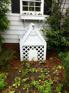 a white dog house sitting in the middle of a yard with plants growing around it