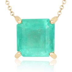 Featured here is a 4.0-carat stunning, Colombian emerald necklace in fine 14K yellow gold. Displayed in the center is a bluish-green emerald with very good clarity, minor flaws are visible to the eye as no emerald is perfect. Accented by a simple four-prong gold mount, allowing for the emerald to be shown in full view. The earth-mined, green Colombian emerald has a desirable lush green color with excellent qualities. An 18 inch is attached to the emerald pendant. This necklace is ideal for everyday use and is the perfect accessory to any outfit.  Total Carat Weight: 4.0cts Setting Style: Four Prong Setting Material: 14K Yellow OR White Gold  Main Stone: Colombian Emerald Shape: Asscher Cut Approx Weight: 4.0 cts Clarity: Semi-Transparent Saturation: Medium Color: Rich Bright Green Luster: Gia Certified Yellow Gold Necklace For Formal Occasions, Formal Yellow Gold Gia Certified Necklace, Luxury Emerald Necklace With Prong Setting, Luxury 14k Gold Emerald Necklace For May Birthstone, Luxury Yellow Gold Emerald Birthstone Necklace, Luxury Yellow Gold Emerald Necklace With Prong Setting, Formal Gia Certified Emerald Necklace, Gia Certified Green Necklace For Formal Occasions, Formal Green Gia Certified Necklace