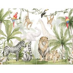 an animal themed wallpaper with many different types of animals and birds in the jungle