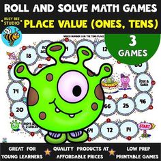 a poster with an image of a green monster on it's face and the words roll and solve math games place value ones, 3 games