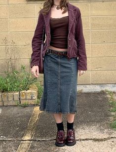 Corduroy And Denim, Aesthetic Dressy Outfits, Denim Autumn Outfit, Fall Autumn Outfit, Frazzled English Women Style, Whimsigoth School Outfits, Fall Outfits Whimsigoth, 90s Denim Skirt Outfit, Whimsigoth Outfits Fall