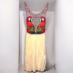 Just Wow!!! New With Tags, Rare Mara Hoffman Dress With Embroidered Parrots And Aztec Designs. Size Large. Incredibly Soft Cotton. Unique & Rare Dress. Double Lined, Incredibly Soft And Bodice Is Slightly Structured Due To Embroidery. Pp: 18in, Sh: 38in Ask Me Any Questions Red Embroidered Summer Maxi Dress, Bohemian Embroidered Sleeveless Midi Dress, Fitted Multicolor Embroidered Maxi-length Dress, Bohemian Sleeveless Embroidered Midi Dress, Bohemian Embroidered Sleeveless Fitted Dress, Sleeveless Bohemian Embroidered Dress, Red Embroidered Maxi Dress For Summer, Fitted Sleeveless Bohemian Embroidered Dress, Multicolor Sleeveless Embroidered Summer Dress