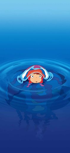 an anime character floating in the water with her head above the water's surface