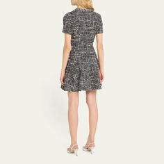 Valentino Garavani tweed dress with a crystal-embellished collar Jewel neckline Short sleeves Mini length Fit-and-flare silhouette Back zip Wool Made in Italy Embellished Collar, Jewel Neckline, Tweed Dress, Mini Black Dress, Valentino Garavani, Fit & Flare, Fit And Flare, Tops Designs, In Italy