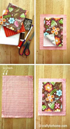 four pictures showing how to make a flowered cloth napkin with scissors and fabric scraps