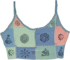 A short cropped hippie tank top in stonewashed ribbed cotton patchwork with thread highlights in pastel soft colors. This artistic handmade cropped tank is an artistic and harmonious piece of clothing with an outstanding overall look in soft muted color tones around a beige base, with hippie stamps. #tlb #Sleeveless #Stonewash #Embroidered #vacationclothing #bohemianfashion #Handmade #JuniorPetite #bohotanktop #summerhippietanktop #ribbedcottontanktop Spring Sleeveless Patchwork Crop Top, Patchwork Tank Top For Beach In Spring, Sleeveless Summer Crop Top With Patchwork, Summer Patchwork Crop Top, Bohemian Patchwork Tank Top For Summer, Multicolor Cotton Patchwork Tank Top, Spring Hippie Green Crop Top, Spring Cotton Tank Top With Patchwork, Hippie Multicolor Crop Top For Spring