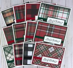 six plaid christmas cards with merry lettering on them