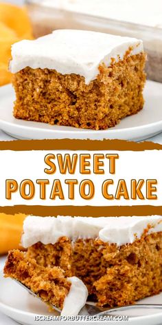 two pieces of sweet potato cake on white plates with text overlay that reads, sweet potato cake