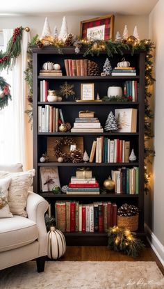 How To Decorate A Small Living Room For Christmas Christmas Decor Ideas For Living Room Bookshelves, Christmas Book Case Decorations, Small Living Room Ideas Christmas, Christmas Small House Decorating Ideas, Christmas Decoration Bookshelf, Christmas Bookcase Decor Living Room, Shelf Decor Living Room Christmas, Christmas Bookcase Styling, Bookshelf Styling Christmas