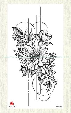 a flower tattoo design on the side of a white sheet with lines and dots around it