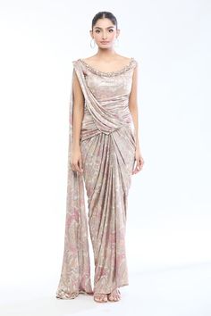 Multi color and gold base draped saree gown with all over flower prints, elevated with multi color crystal embellished neckline. - Aza Fashions Pre-draped Gown With Pleated Bodice For Wedding, Traditional Drape Evening Dress For Gala, Pre-draped Floor-length Wedding Gown, Gown With Draped Sleeves And Fitted Bodice, Wedding Evening Dress With Draped Fitted Bodice, Draped Gown With Fitted Bodice, Fitted Bodice Pre-draped Gown, Silk Evening Dress With Cape Sleeves For Wedding, Fitted Silk Draped Gown