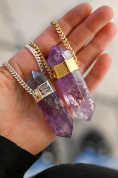 This large Amethyst Crystal necklace is the one you've been dreaming of. This double-terminated Amethyst necklace holds extra power and strength with two points on either end. Amethyst, known as the stone of spiritual wisdom, is believed to enhance intuition, calm the mind, and foster a sense of inner peace. Wearing this beauty not only elevates your style but invites the harmonizing influence of Amethyst into your daily life. Double-terminated Amethyst gemstone pendant approximately 3" in lengt Amethyst Raw Stone Necklace For Healing, Lavender Pendant Crystal Necklace For Spiritual Use, Lavender Spiritual Crystal Pendant Necklace, Spiritual Purple Necklace With Large Stone, Purple Amethyst Amulet Necklaces, Spiritual Amethyst Gemstone Necklaces, Purple Raw Stone Necklaces For Healing, Amethyst Amulet Necklace For Meditation, Amethyst Pendant Necklace For Healing