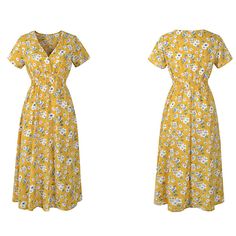 This summer dress includes a V-neck and elasticated waist to enhance the wearer's natural figure with a beautiful floral print, which radiates that summer feeling.    Please refer to the size guide before purchasing Material: 100% Polyester Care instruction: Machine wash at 30C. Colours: Navy/Black/White/Yellow  Size guide Size                  Bust       Waist      Length S- UK 8           78cm      60cm      105cm M - UK 10      84cm      68cm      106cm L - UK 12        90cm      73cm      10 Short Sleeve Summer Dresses, Black White Yellow, Summer Feeling, Waist Length, Summer Dress, Yellow White, This Summer, Size Guide, Top Shirt