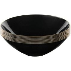 a black bowl with gold lines on the rim and sides in front of a white background