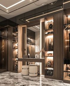 an elegant walk in closet with marble counter tops