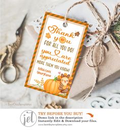 an orange and white thanksgiving gift tag with the words thank you for all you do, you are appreciateted more than you know