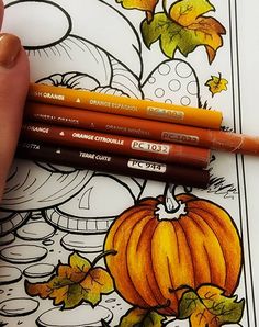 a hand holding three pencils in front of a coloring page with pumpkins on it